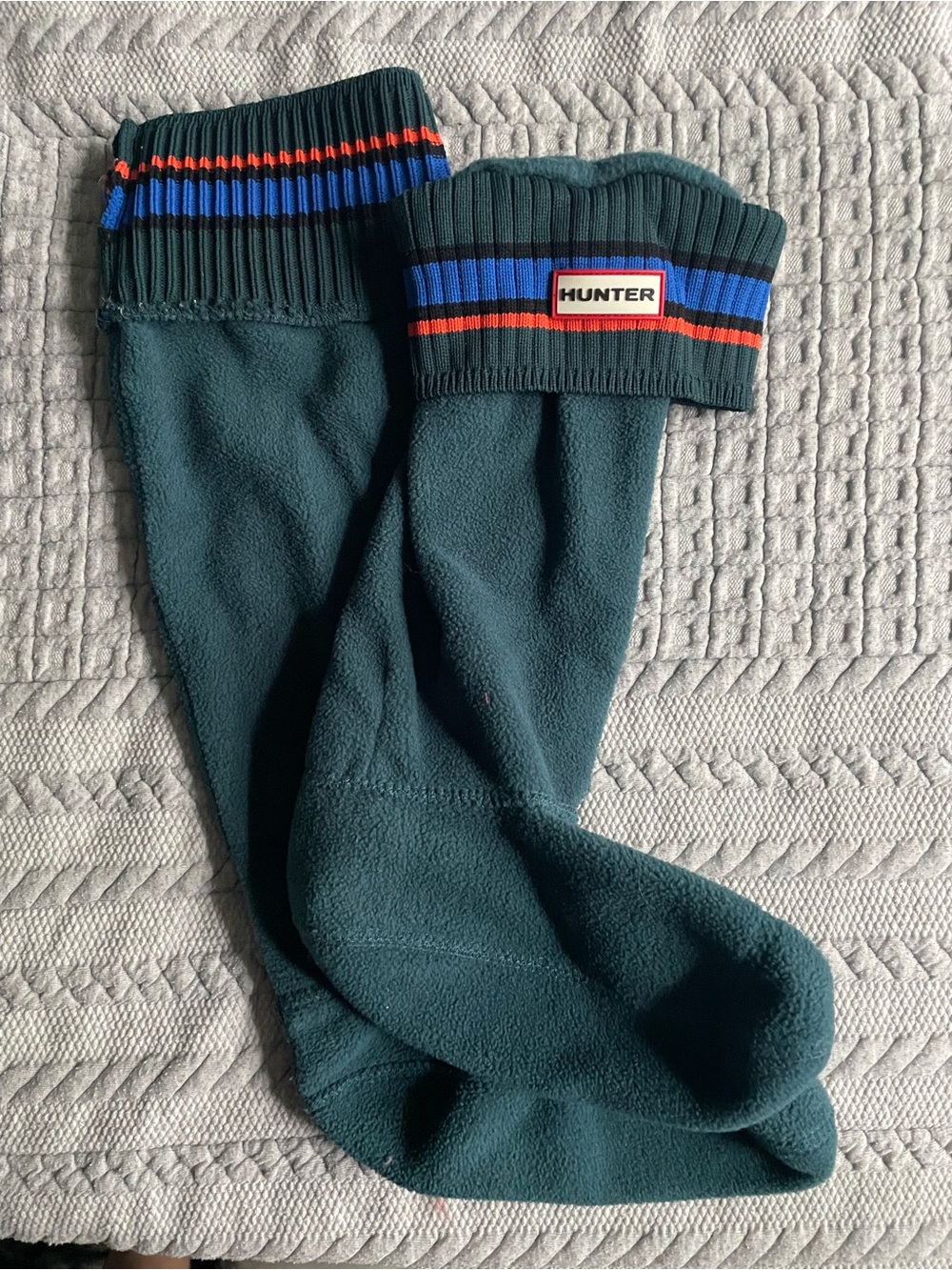 Hunter Green Fleece Boot Socks with Blue and Red Striped Cuff
